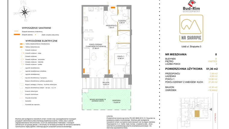 Rzut - Mieszkanie na sprzedaż 2 pokoje o powierzchni 51,36 m² - numer B8 w Na Skarpie bud. B