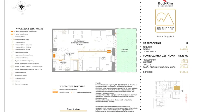 Rzut - Mieszkanie na sprzedaż 2 pokoje o powierzchni 51,46 m² - numer B11 w Na Skarpie bud. B