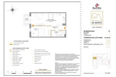 Rzut - Mieszkanie na sprzedaż 2 pokoje o powierzchni 51,35 m² - numer B14 w Na Skarpie bud. B