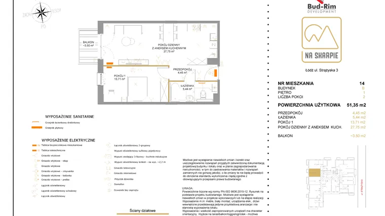 Rzut - Mieszkanie na sprzedaż 2 pokoje o powierzchni 51,35 m² - numer B14 w Na Skarpie bud. B