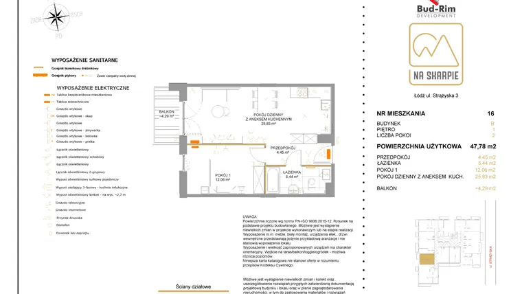 Rzut - Mieszkanie na sprzedaż 2 pokoje o powierzchni 47,78 m² - numer B16 w Na Skarpie bud. B