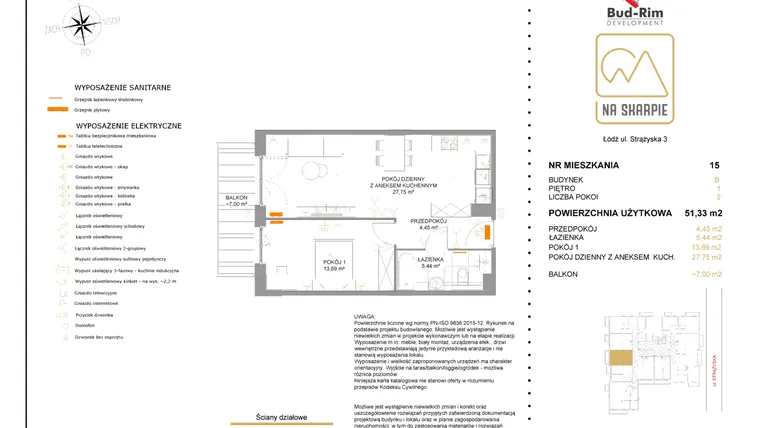 Rzut - Mieszkanie na sprzedaż 2 pokoje o powierzchni 51,33 m² - numer B15 w Na Skarpie bud. B