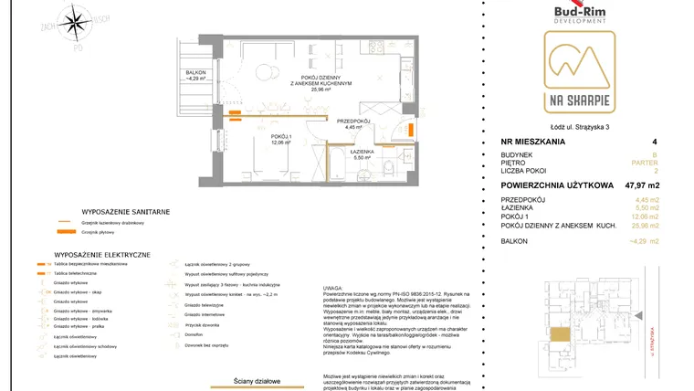 Rzut - Mieszkanie na sprzedaż 2 pokoje o powierzchni 47,97 m² - numer B4 w Na Skarpie bud. B