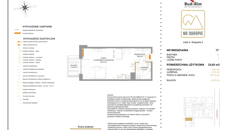 Rzut - Mieszkanie na sprzedaż 1 pokój o powierzchni 33,93 m² - numer B17 w Na Skarpie bud. B