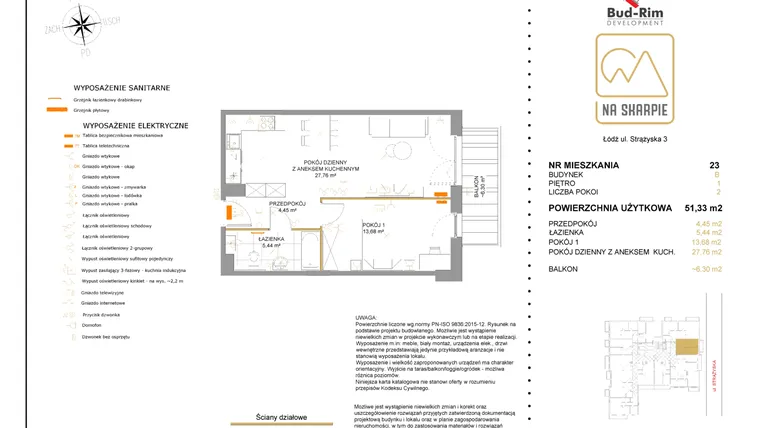 Rzut - Mieszkanie na sprzedaż 2 pokoje o powierzchni 51,33 m² - numer B23 w Na Skarpie bud. B
