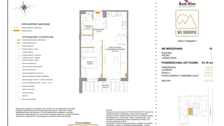 Rzut - Mieszkanie na sprzedaż 2 pokoje o powierzchni 51,15 m² - numer B19 w Na Skarpie bud. B