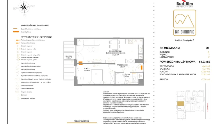 Rzut - Mieszkanie na sprzedaż 2 pokoje o powierzchni 51,03 m² - numer B27 w Na Skarpie bud. B