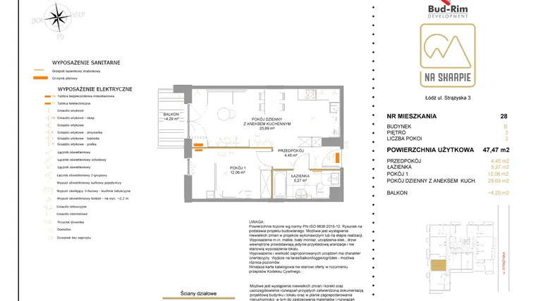Rzut - Mieszkanie na sprzedaż 2 pokoje o powierzchni 47,47 m² - numer B28 w Na Skarpie bud. B