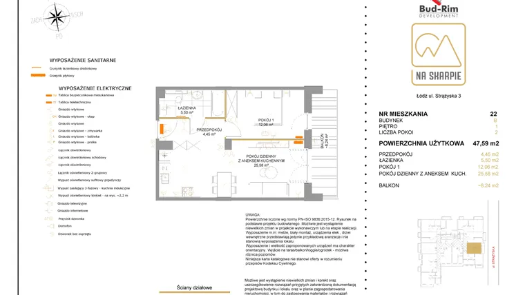 Rzut - Mieszkanie na sprzedaż 2 pokoje o powierzchni 47,59 m² - numer B22 w Na Skarpie bud. B