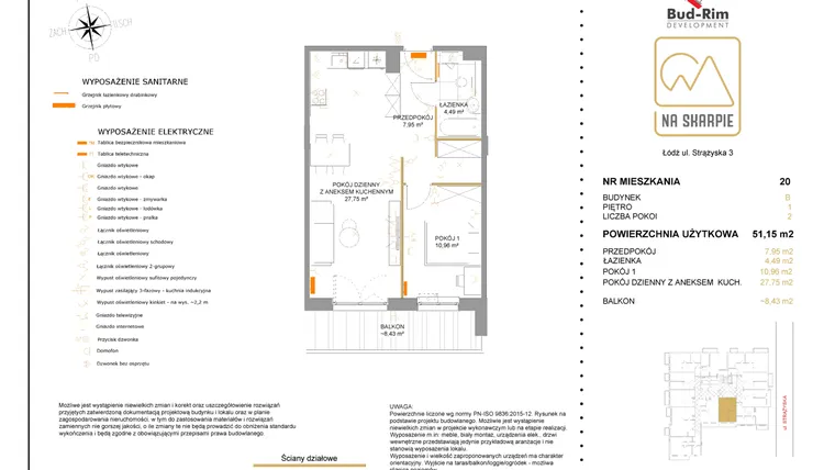 Rzut - Mieszkanie na sprzedaż 2 pokoje o powierzchni 51,15 m² - numer B20 w Na Skarpie bud. B