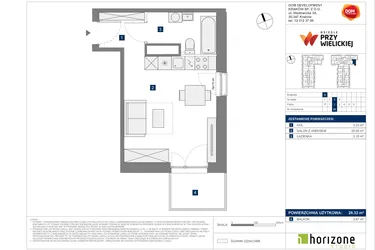 Rzut - Mieszkanie na sprzedaż 1 pokój o powierzchni 28,33 m² - numer B-88 w Osiedle przy Wielickiej etap 1.2