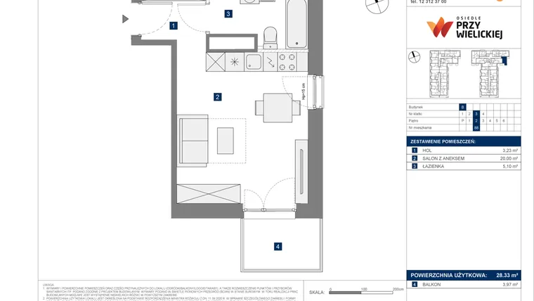 Rzut - Mieszkanie na sprzedaż 1 pokój o powierzchni 28,33 m² - numer B-88 w Osiedle przy Wielickiej etap 1.2