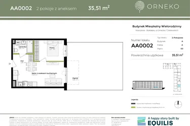 Rzut - Mieszkanie na sprzedaż 2 pokoje o powierzchni 35,51 m² - numer AA0002 w Orneko