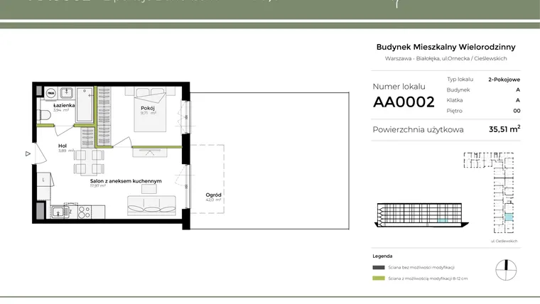 Rzut - Mieszkanie na sprzedaż 2 pokoje o powierzchni 35,51 m² - numer AA0002 w Orneko
