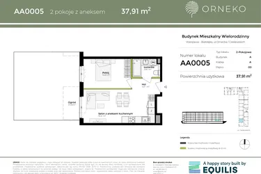 Rzut - Mieszkanie na sprzedaż 2 pokoje o powierzchni 37,91 m² - numer AA0005 w Orneko