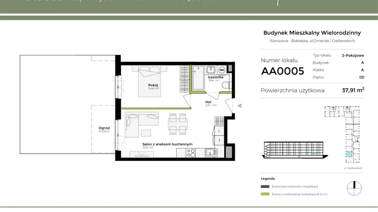 Rzut - Mieszkanie na sprzedaż 2 pokoje o powierzchni 37,91 m² - numer AA0005 w Orneko
