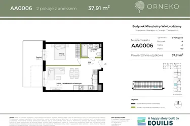 Rzut - Mieszkanie na sprzedaż 2 pokoje o powierzchni 37,91 m² - numer AA0006 w Orneko