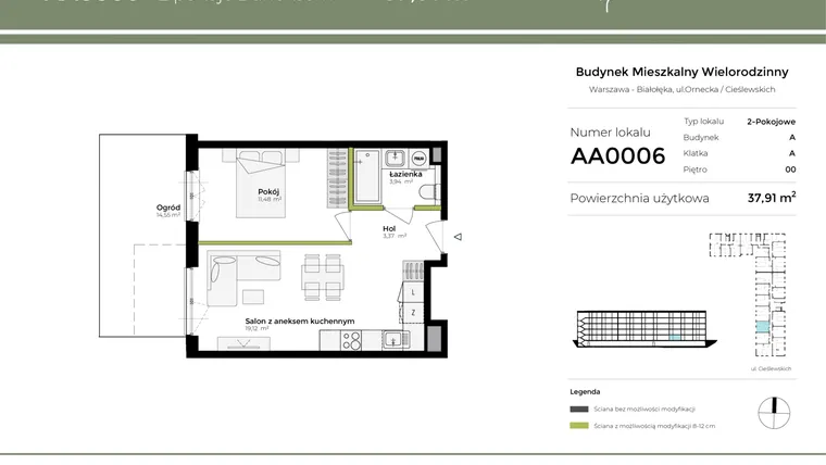 Rzut - Mieszkanie na sprzedaż 2 pokoje o powierzchni 37,91 m² - numer AA0006 w Orneko