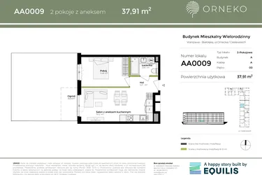 Rzut - Mieszkanie na sprzedaż 2 pokoje o powierzchni 37,91 m² - numer AA0009 w Orneko
