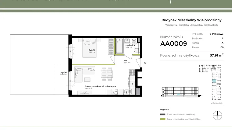 Rzut - Mieszkanie na sprzedaż 2 pokoje o powierzchni 37,91 m² - numer AA0009 w Orneko