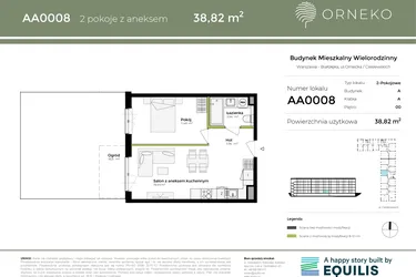 Rzut - Mieszkanie na sprzedaż 2 pokoje o powierzchni 38,83 m² - numer AA0008 w Orneko