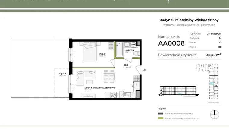 Rzut - Mieszkanie na sprzedaż 2 pokoje o powierzchni 38,83 m² - numer AA0008 w Orneko