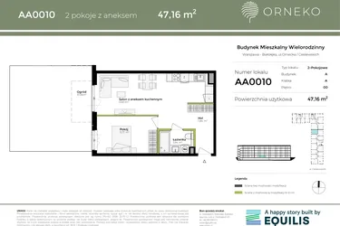 Rzut - Mieszkanie na sprzedaż 2 pokoje o powierzchni 47,16 m² - numer AA0010 w Orneko