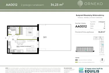 Rzut - Mieszkanie na sprzedaż 2 pokoje o powierzchni 34,23 m² - numer AA0012 w Orneko