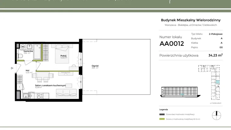 Rzut - Mieszkanie na sprzedaż 2 pokoje o powierzchni 34,23 m² - numer AA0012 w Orneko