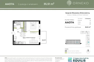 Rzut - Mieszkanie na sprzedaż 2 pokoje o powierzchni 35,51 m² - numer AA0114 w Orneko