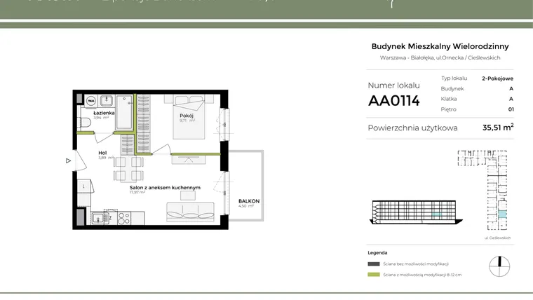 Rzut - Mieszkanie na sprzedaż 2 pokoje o powierzchni 35,51 m² - numer AA0114 w Orneko