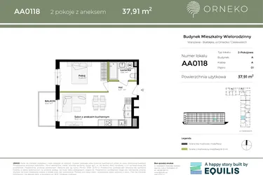 Rzut - Mieszkanie na sprzedaż 2 pokoje o powierzchni 37,91 m² - numer AA0118 w Orneko