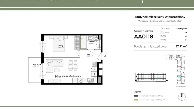 Rzut - Mieszkanie na sprzedaż 2 pokoje o powierzchni 37,91 m² - numer AA0118 w Orneko