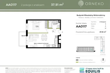 Rzut - Mieszkanie na sprzedaż 2 pokoje o powierzchni 37,91 m² - numer AA0117 w Orneko