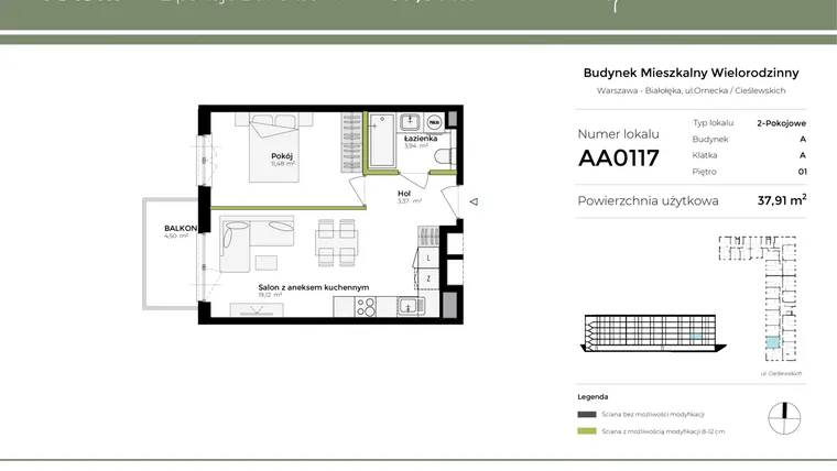 Rzut - Mieszkanie na sprzedaż 2 pokoje o powierzchni 37,91 m² - numer AA0117 w Orneko