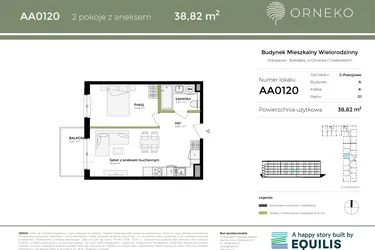 Rzut - Mieszkanie na sprzedaż 2 pokoje o powierzchni 38,83 m² - numer AA0120 w Orneko