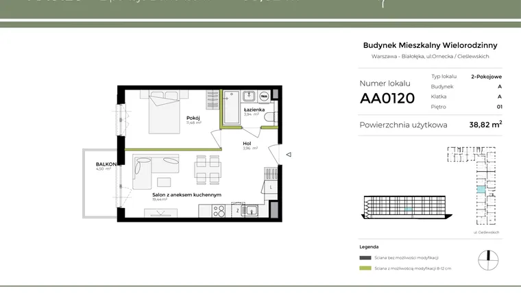 Rzut - Mieszkanie na sprzedaż 2 pokoje o powierzchni 38,83 m² - numer AA0120 w Orneko