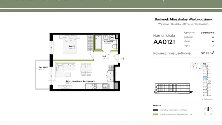 Rzut - Mieszkanie na sprzedaż 2 pokoje o powierzchni 37,91 m² - numer AA0121 w Orneko