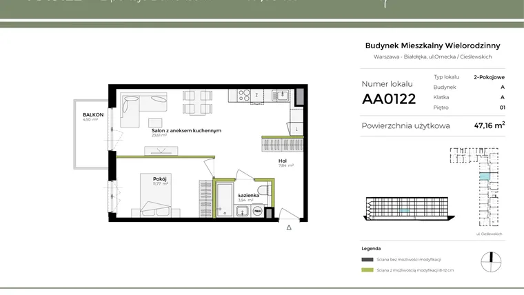 Rzut - Mieszkanie na sprzedaż 2 pokoje o powierzchni 47,16 m² - numer AA0122 w Orneko