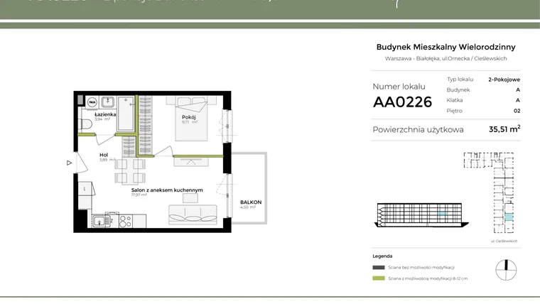 Rzut - Mieszkanie na sprzedaż 2 pokoje o powierzchni 35,51 m² - numer AA0226 w Orneko