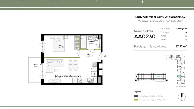 Rzut - Mieszkanie na sprzedaż 2 pokoje o powierzchni 37,91 m² - numer AA0230 w Orneko