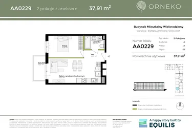 Rzut - Mieszkanie na sprzedaż 2 pokoje o powierzchni 37,91 m² - numer AA0229 w Orneko