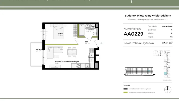 Rzut - Mieszkanie na sprzedaż 2 pokoje o powierzchni 37,91 m² - numer AA0229 w Orneko