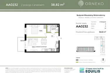 Rzut - Mieszkanie na sprzedaż 2 pokoje o powierzchni 38,83 m² - numer AA0232 w Orneko