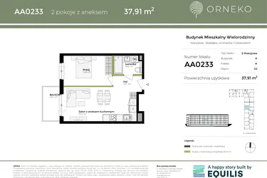 Rzut - Mieszkanie na sprzedaż 2 pokoje o powierzchni 37,91 m² - numer AA0233 w Orneko