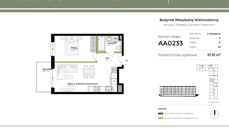 Rzut - Mieszkanie na sprzedaż 2 pokoje o powierzchni 37,91 m² - numer AA0233 w Orneko