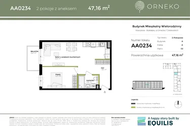 Rzut - Mieszkanie na sprzedaż 2 pokoje o powierzchni 47,16 m² - numer AA0234 w Orneko