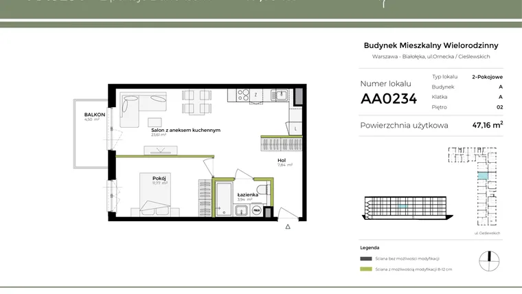 Rzut - Mieszkanie na sprzedaż 2 pokoje o powierzchni 47,16 m² - numer AA0234 w Orneko