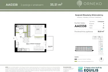 Rzut - Mieszkanie na sprzedaż 2 pokoje o powierzchni 35,51 m² - numer AA0338 w Orneko