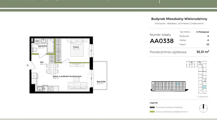 Rzut - Mieszkanie na sprzedaż 2 pokoje o powierzchni 35,51 m² - numer AA0338 w Orneko